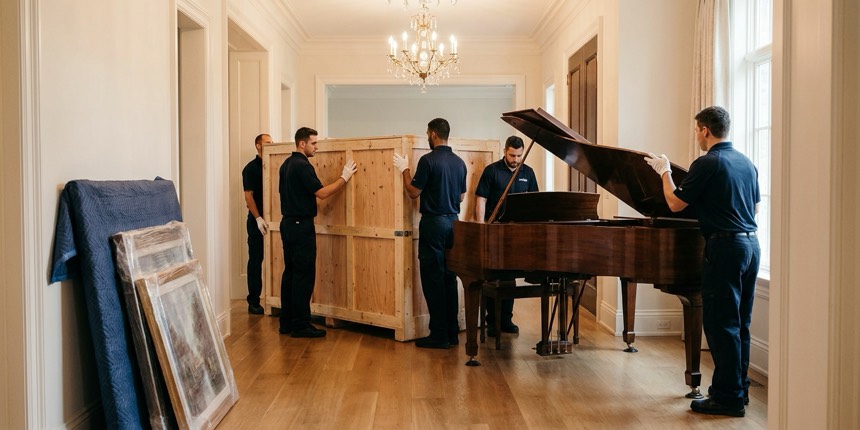 White-glove movers carrying a custom crate and grand piano