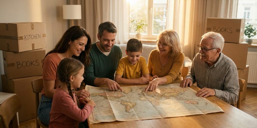 A family planning a move away from New York with a map and moving boxes
